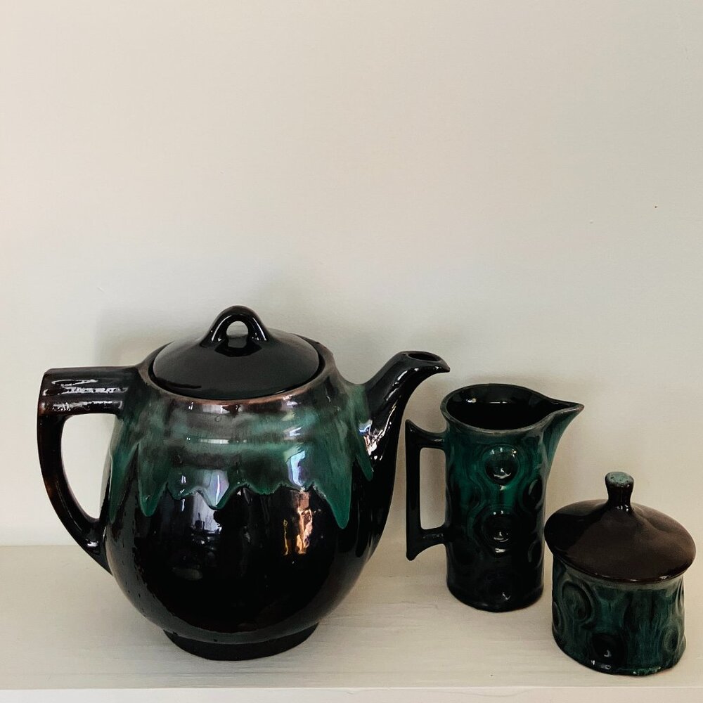 Vintage XL Green Glazed Teapot with Matching Sugar Bowl & Creamer - 1970's